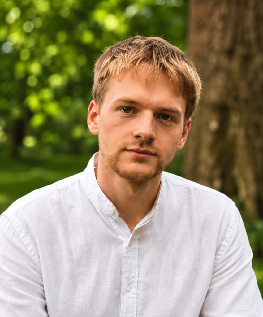 Portrait of Henry Boyle, a young man with sandy blond hair in a light linen shirt against a green park background